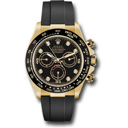 Rolex Yellow Gold Cosmograph Daytona 40 Watch - Black Diamond Dial - Black Oysterflex Strap - 116518LN bkdof